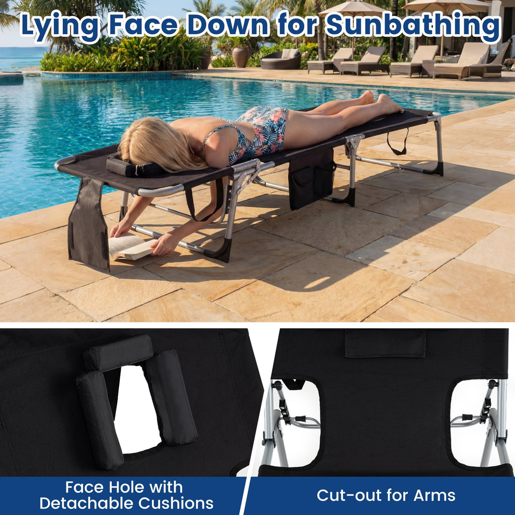 Set of 2 Folding Tanning Chairs with Face Holes and Side Pockets, Black