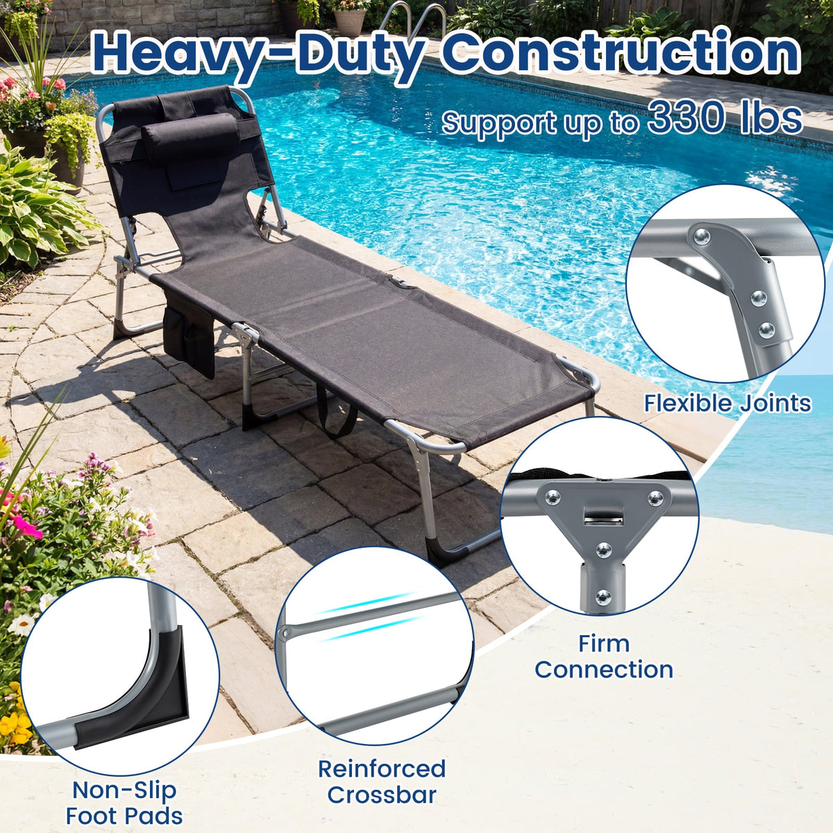 Set of 2 Folding Tanning Chairs with Face Holes and Side Pockets, Black