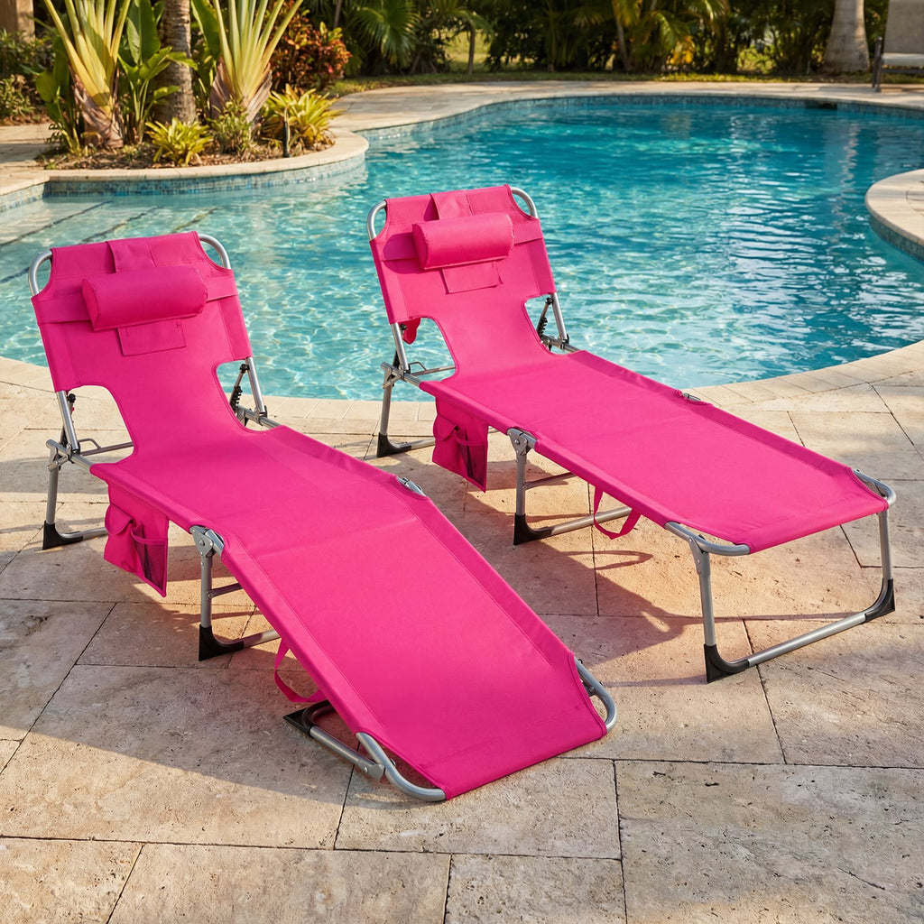 Set of 2 Folding Tanning Chairs with Face Holes and Arm Cut Outs, Pink