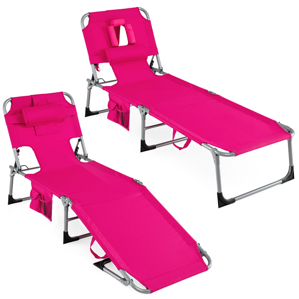 Set of 2 Folding Tanning Chairs with Face Holes and Arm Cut Outs, Pink