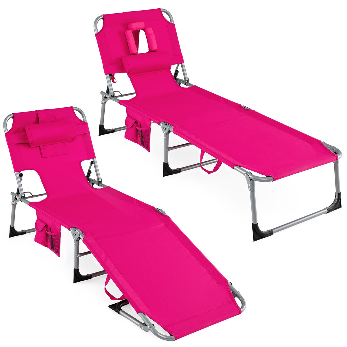 Set of 2 Folding Tanning Chairs with Face Holes and Arm Cut Outs, Pink