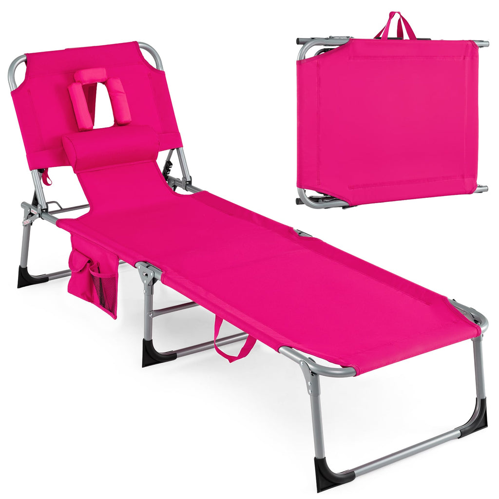 Set of 2 Folding Tanning Chairs with Face Holes and Arm Cut Outs, Pink