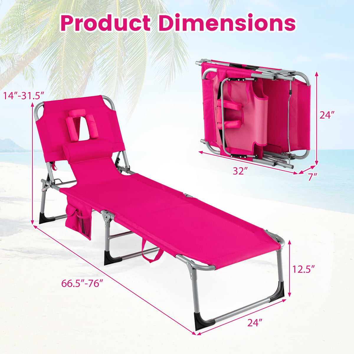 Set of 2 Folding Tanning Chairs with Face Holes and Arm Cut Outs, Pink