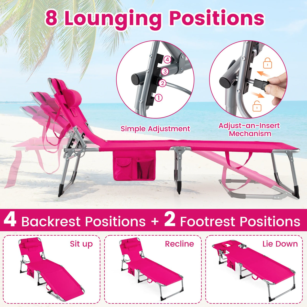 Set of 2 Folding Tanning Chairs with Face Holes and Arm Cut Outs, Pink