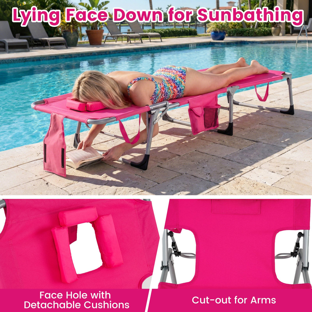 Set of 2 Folding Tanning Chairs with Face Holes and Arm Cut Outs, Pink