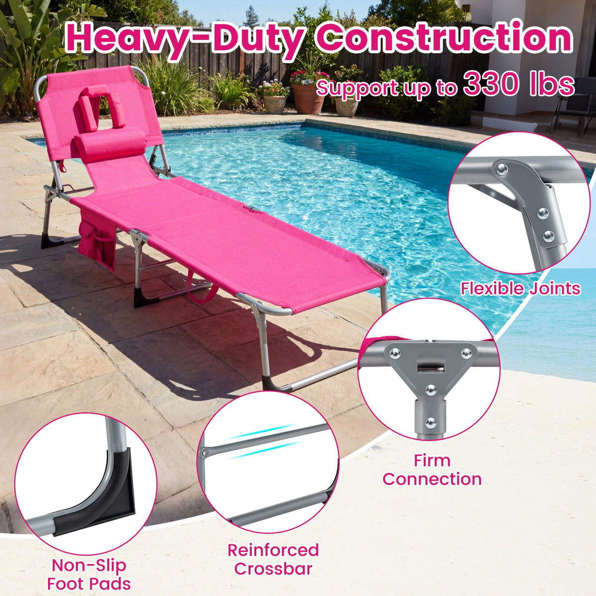 Set of 2 Folding Tanning Chairs with Face Holes and Arm Cut Outs, Pink