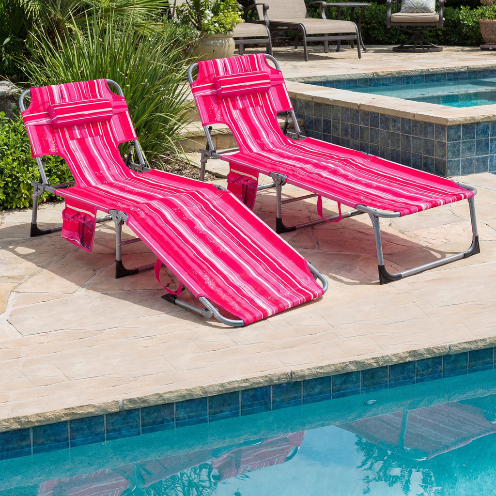 Set of 2 Folding Tanning Chairs with 8 Lounging Positions, Pink Stripe