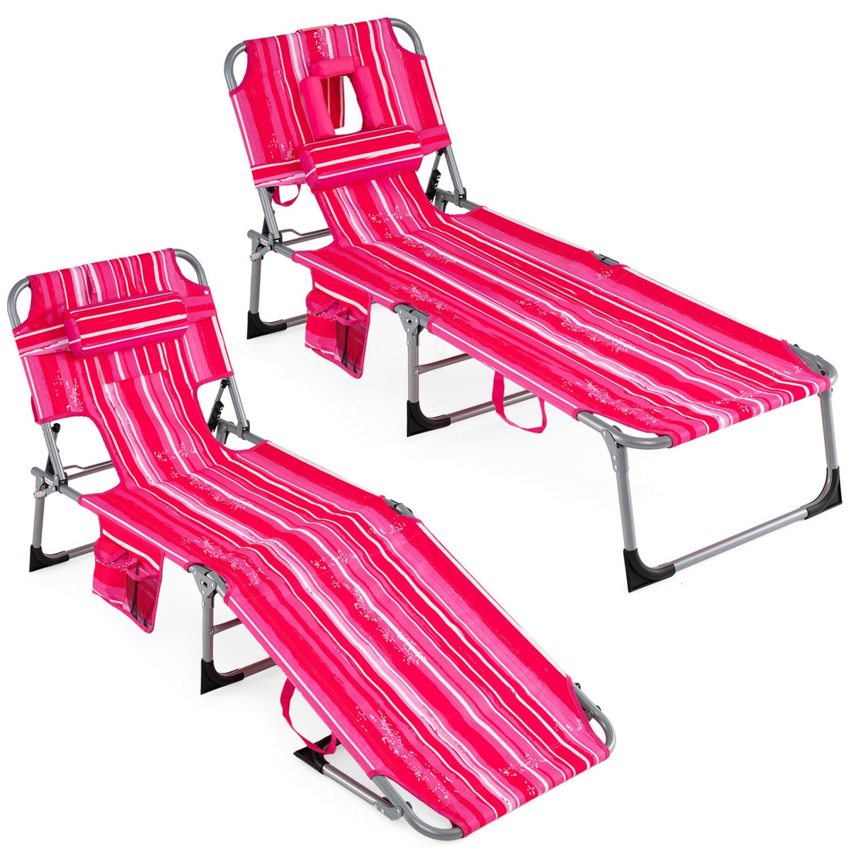 Set of 2 Folding Tanning Chairs with 8 Lounging Positions, Pink Stripe