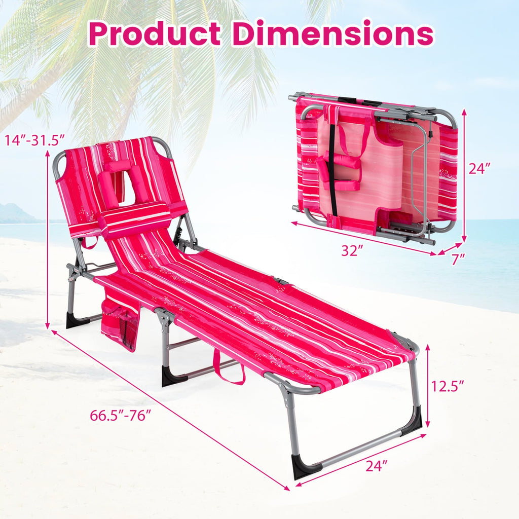 Set of 2 Folding Tanning Chairs with 8 Lounging Positions, Pink Stripe