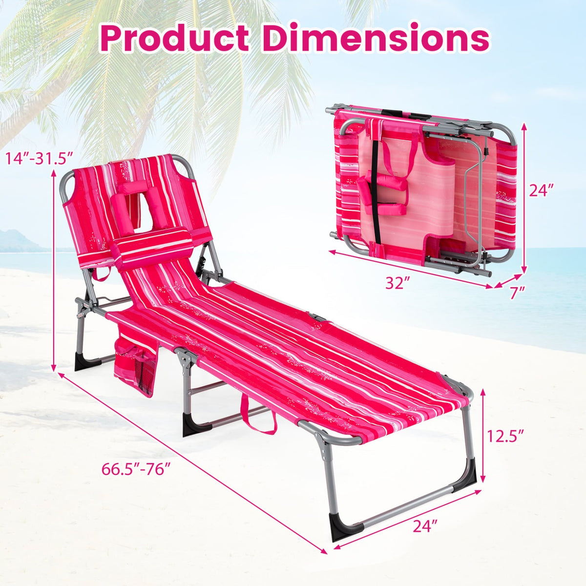 Set of 2 Folding Tanning Chairs with 8 Lounging Positions, Pink Stripe