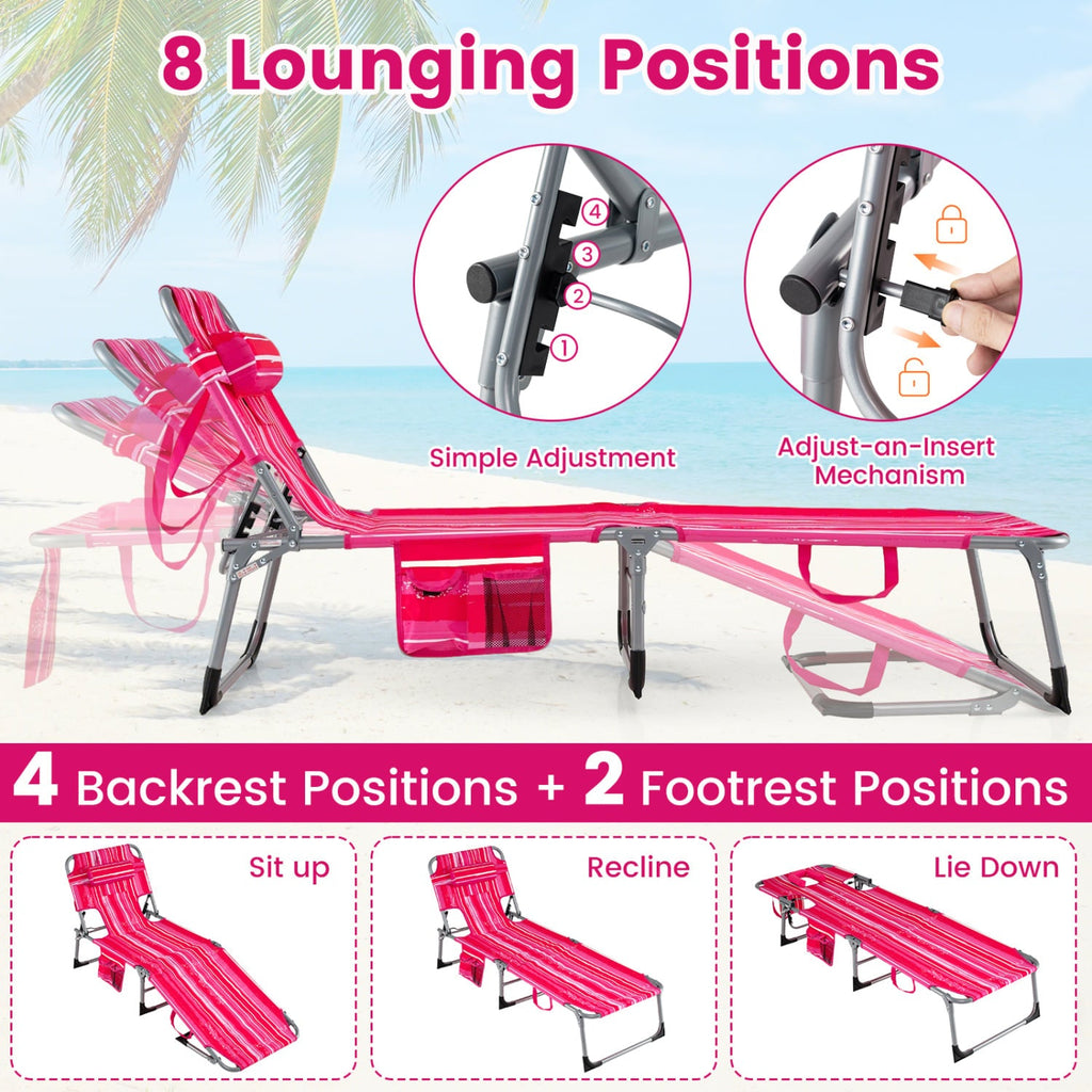 Set of 2 Folding Tanning Chairs with 8 Lounging Positions, Pink Stripe