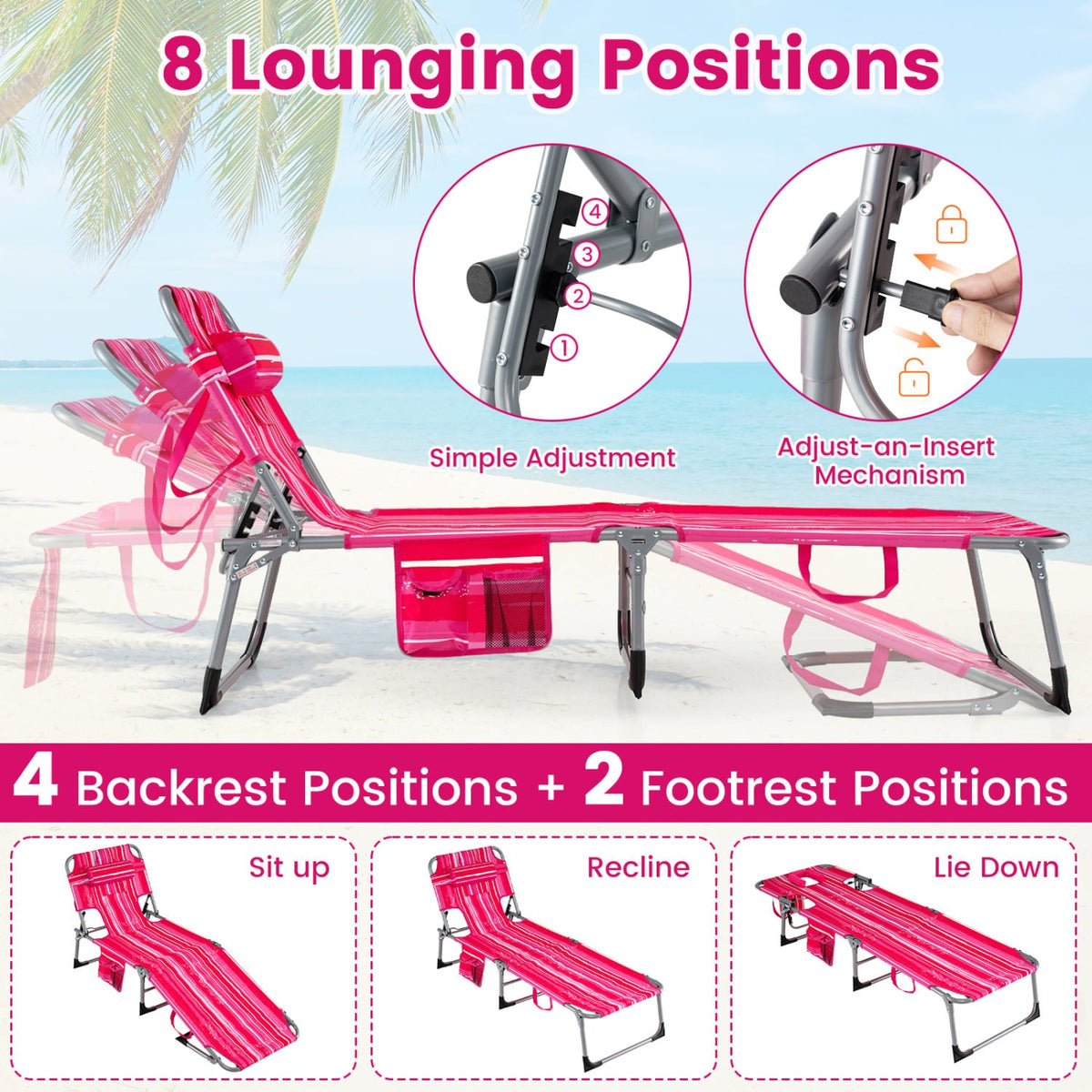 Set of 2 Folding Tanning Chairs with 8 Lounging Positions, Pink Stripe
