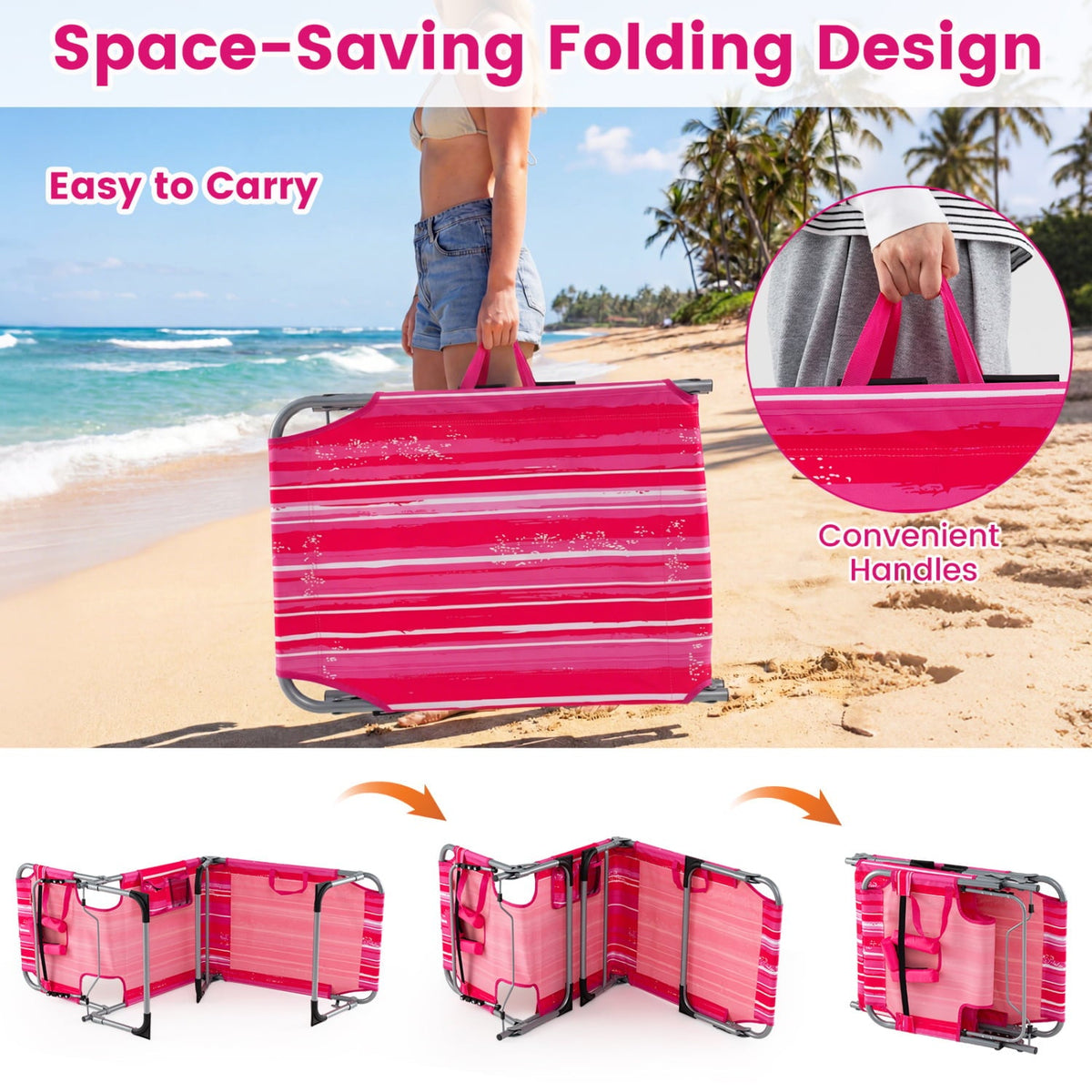 Set of 2 Folding Tanning Chairs with 8 Lounging Positions, Pink Stripe