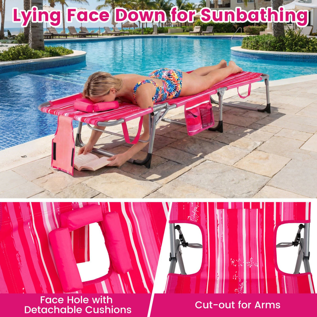 Set of 2 Folding Tanning Chairs with 8 Lounging Positions, Pink Stripe