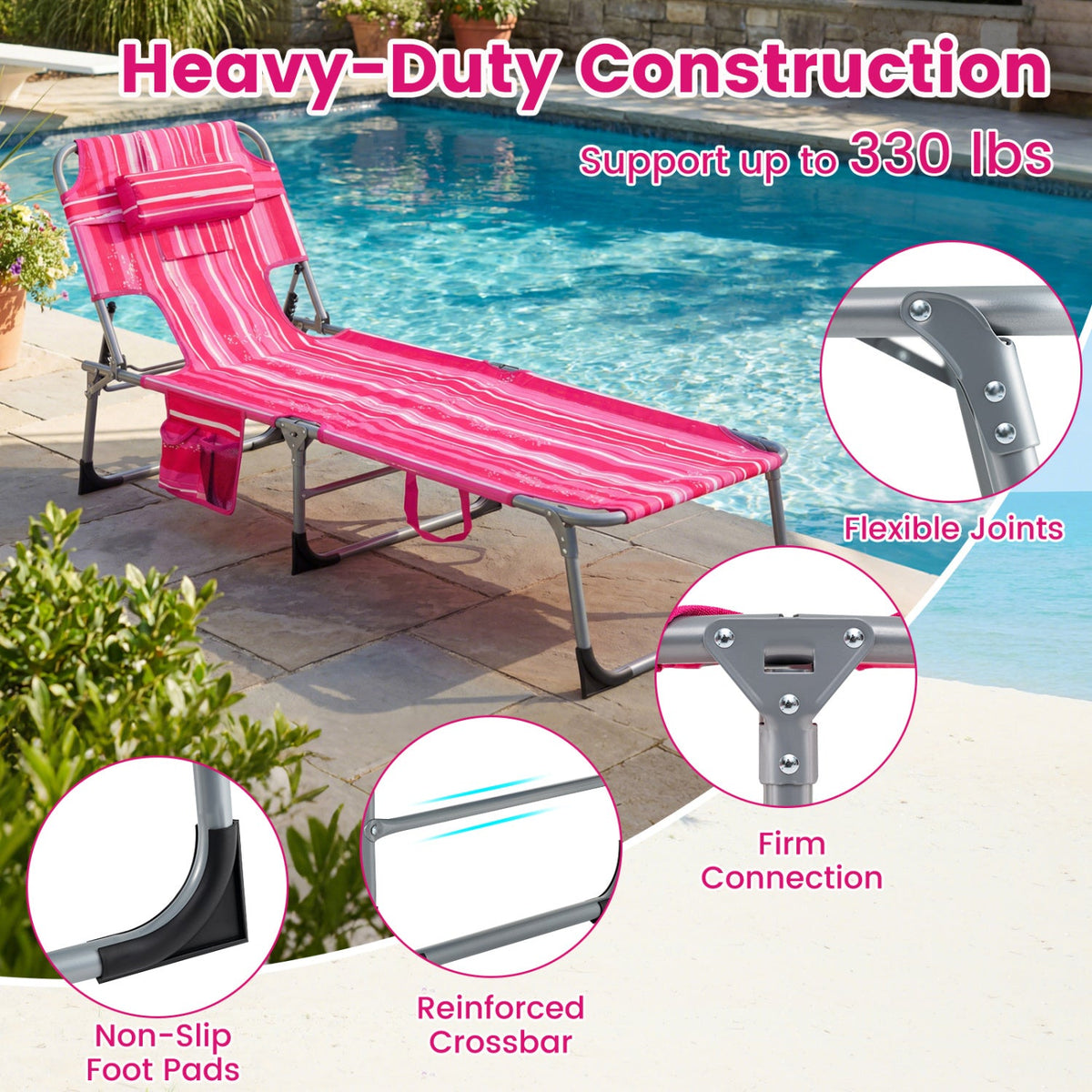 Set of 2 Folding Tanning Chairs with 8 Lounging Positions, Pink Stripe