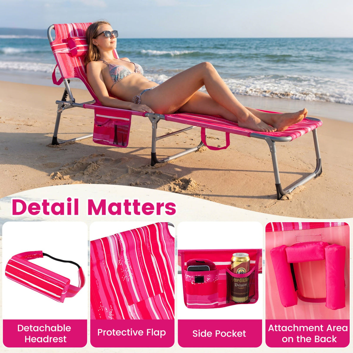 Set of 2 Folding Tanning Chairs with 8 Lounging Positions, Pink Stripe