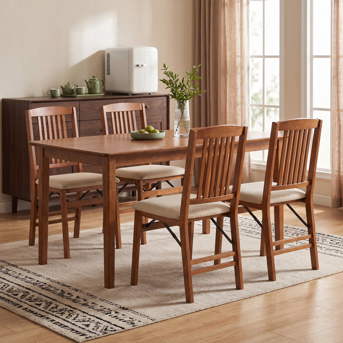 Set of 4 Folding Dining Chairs with Padded Seat and Slat Back, Walnut Rubber Wood