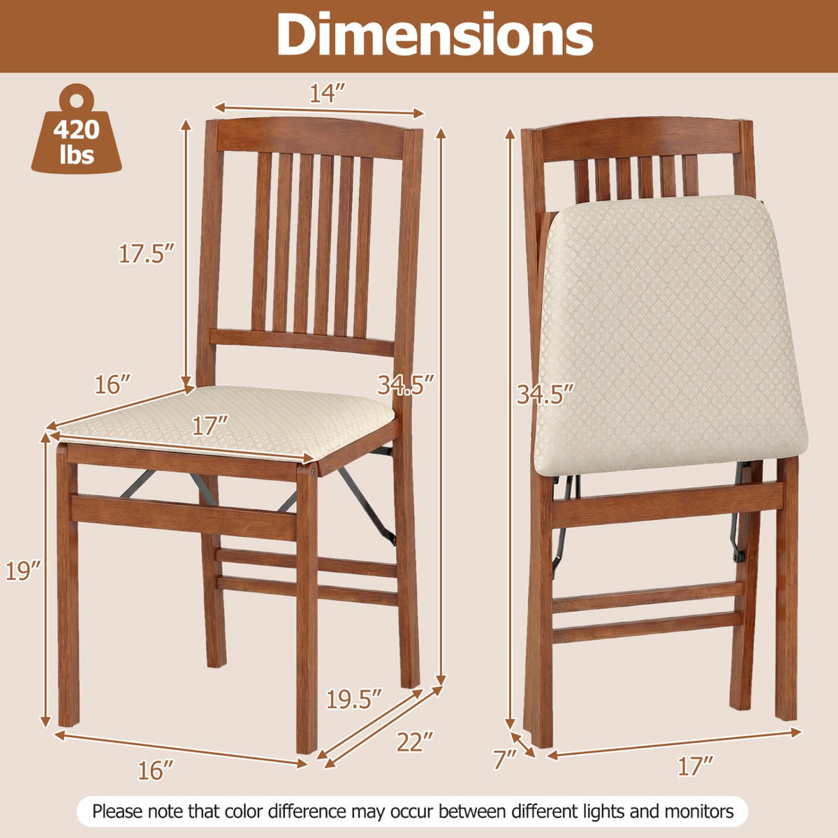 Set of 4 Folding Dining Chairs with Padded Seat and Slat Back, Walnut Rubber Wood