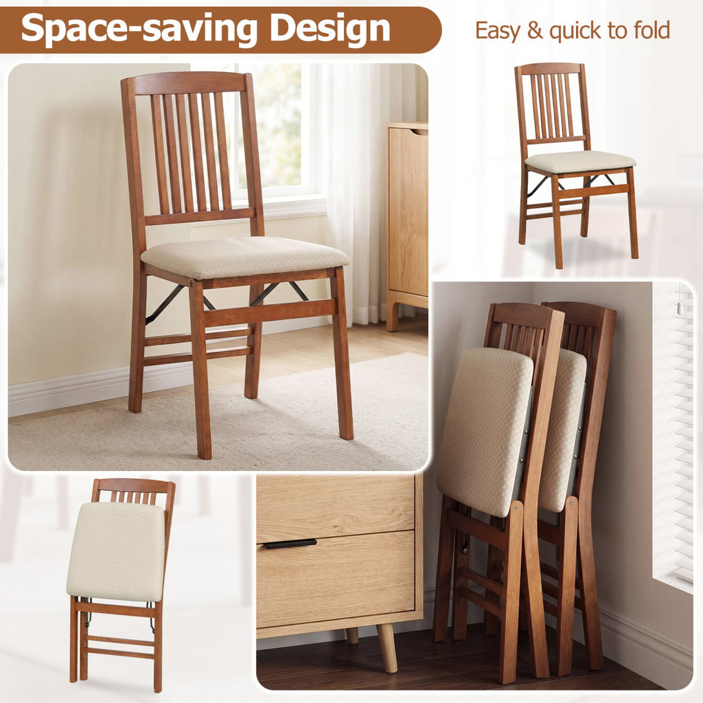 Set of 4 Folding Dining Chairs with Padded Seat and Slat Back, Walnut Rubber Wood