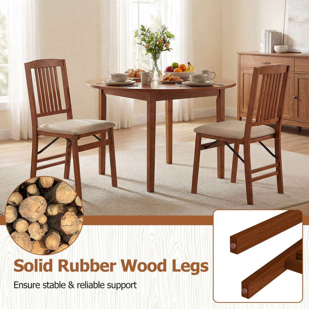 Set of 4 Folding Dining Chairs with Padded Seat and Slat Back, Walnut Rubber Wood