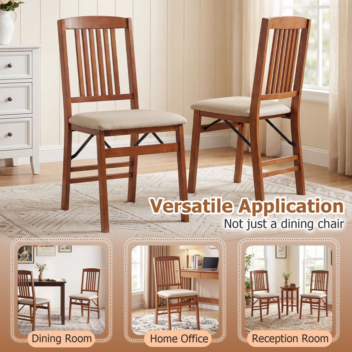 Set of 4 Folding Dining Chairs with Padded Seat and Slat Back, Walnut Rubber Wood