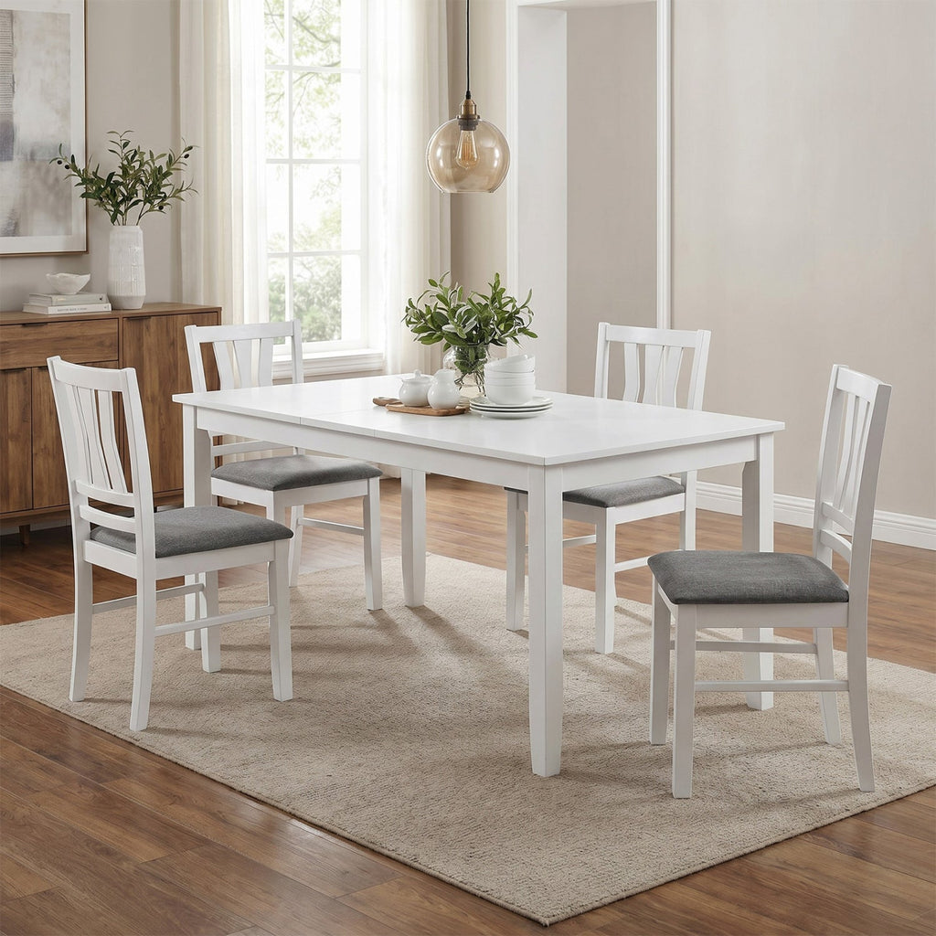Set of 4 White Dining Chairs with Split Splat Back and Grey Linen Style Seat