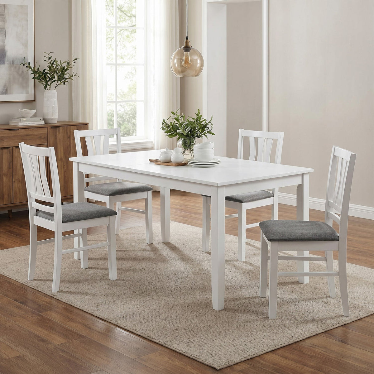 Set of 4 White Dining Chairs with Split Splat Back and Grey Linen Style Seat
