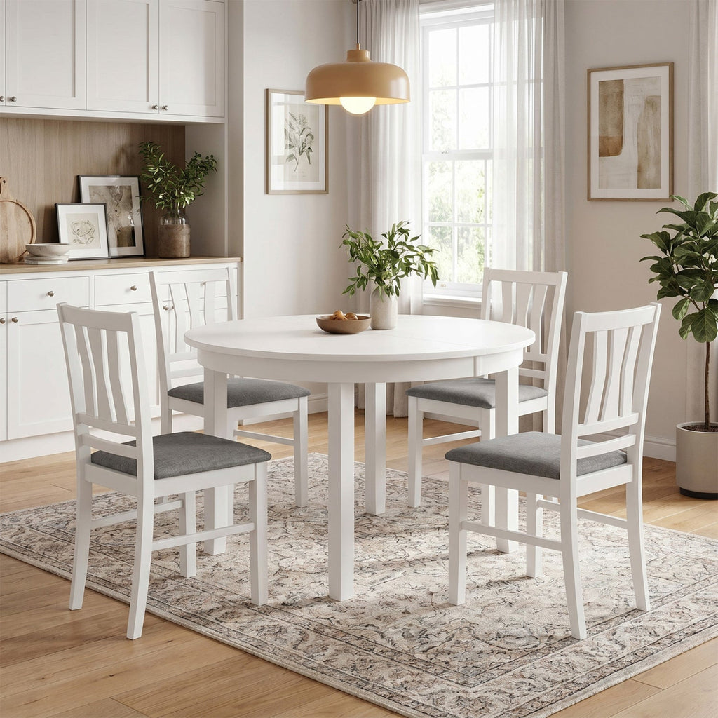 Set of 4 White Dining Chairs with Split Splat Back and Grey Linen Style Seat