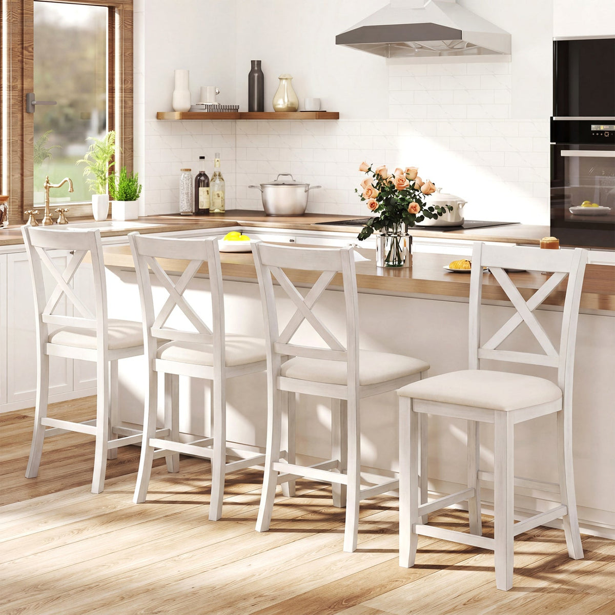 Set of 4 Cross Back Counter Stools in White with Linen Cushions, 24 Inch Seat