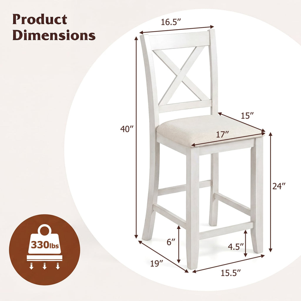 Set of 4 Cross Back Counter Stools in White with Linen Cushions, 24 Inch Seat