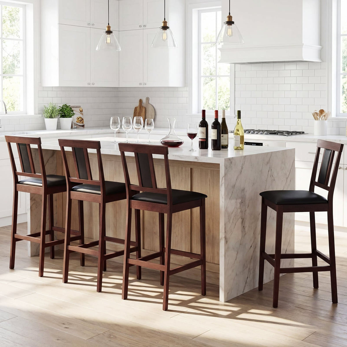 Set of 4 Bar Height Stools in Walnut with PU Seats and Tilted Backs, 29.5 Inch
