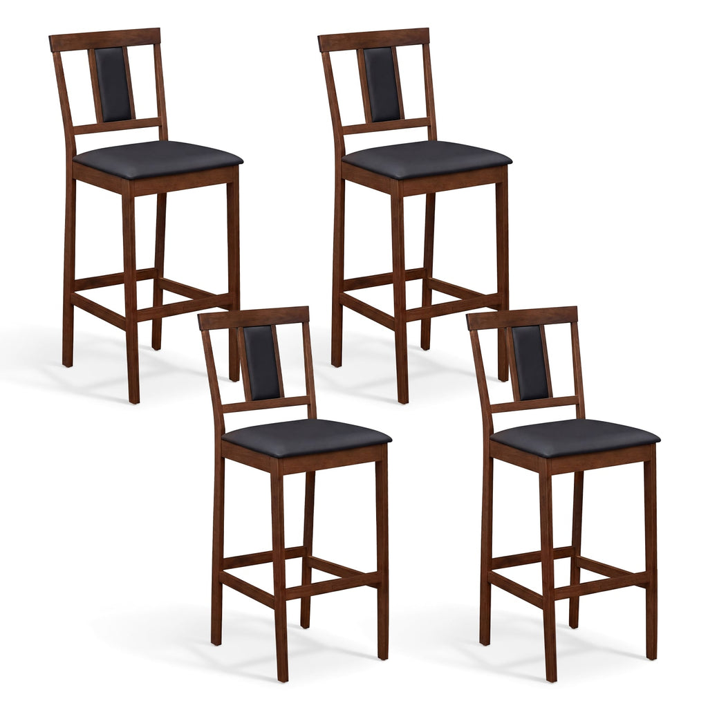 Set of 4 Bar Height Stools in Walnut with PU Seats and Tilted Backs, 29.5 Inch