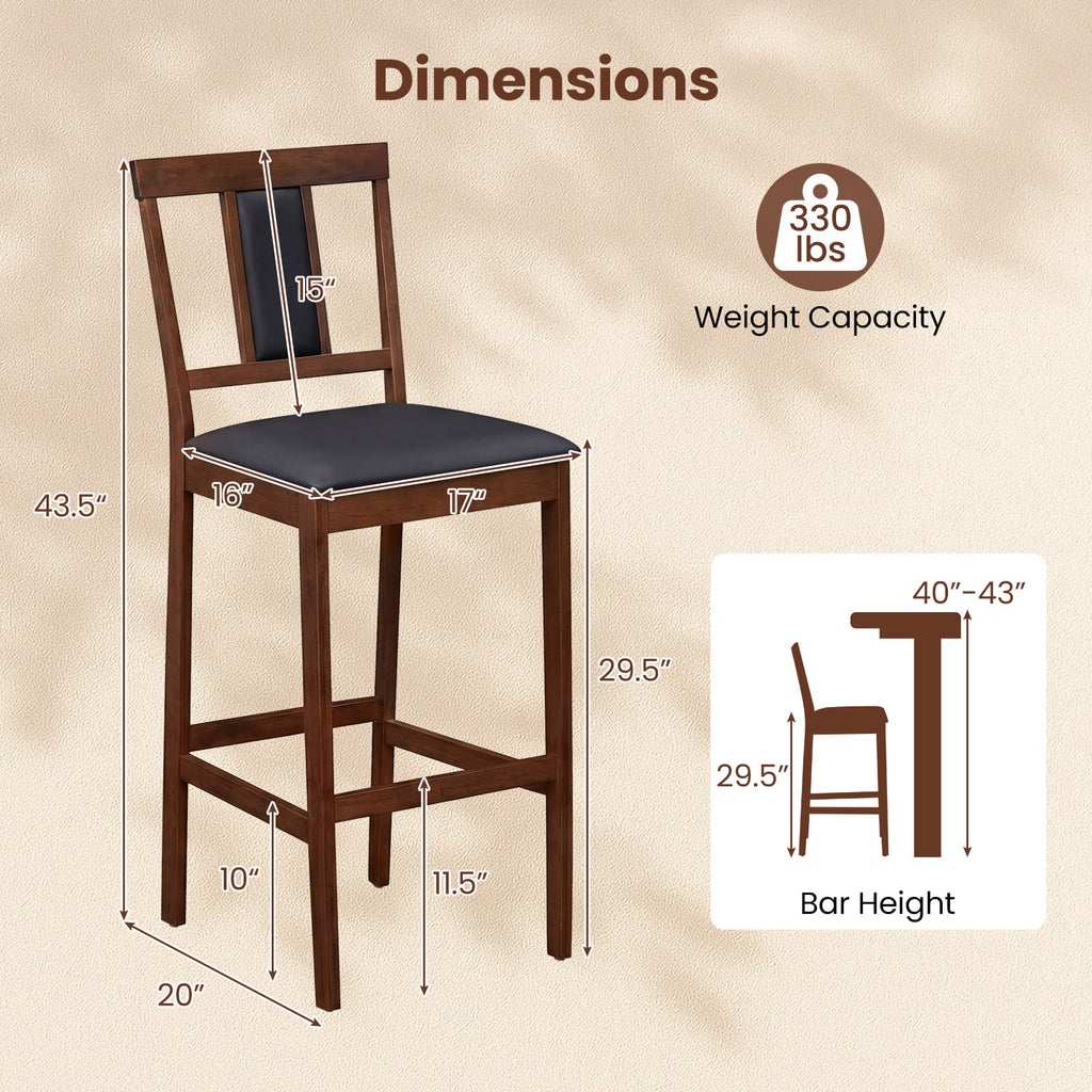 Set of 4 Bar Height Stools in Walnut with PU Seats and Tilted Backs, 29.5 Inch