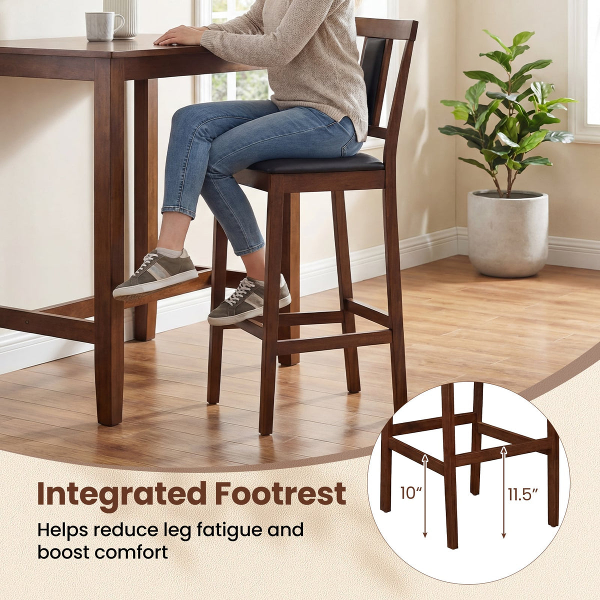 Set of 4 Bar Height Stools in Walnut with PU Seats and Tilted Backs, 29.5 Inch