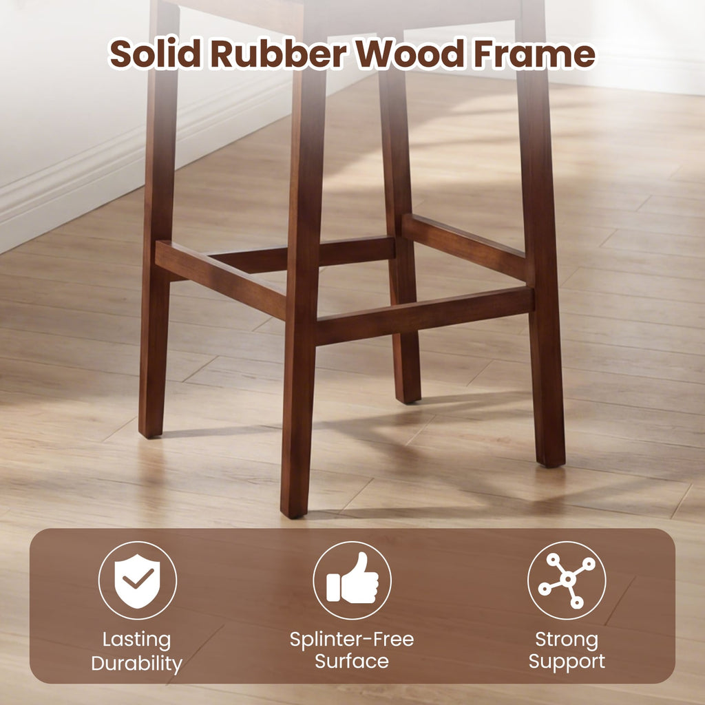 Set of 4 Bar Height Stools in Walnut with PU Seats and Tilted Backs, 29.5 Inch