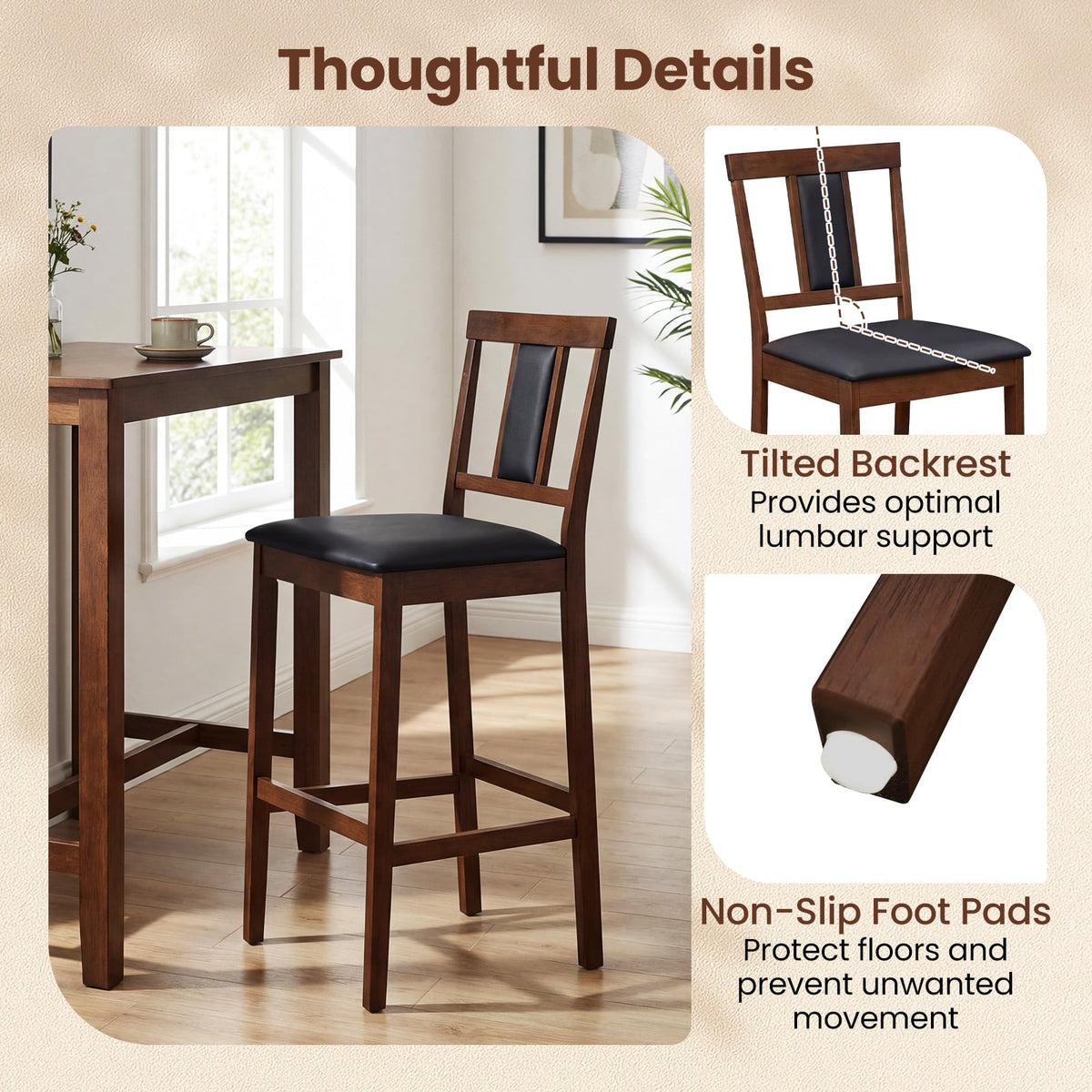 Set of 4 Bar Height Stools in Walnut with PU Seats and Tilted Backs, 29.5 Inch