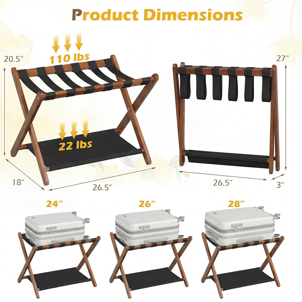 Solid Rubberwood Folding Luggage Rack with Nylon Shelves-Brown
