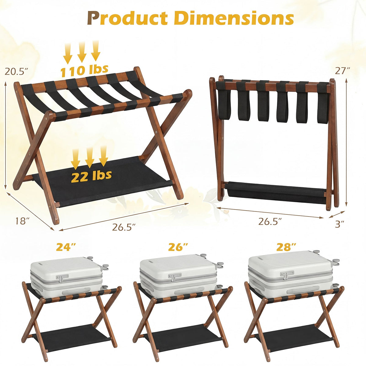 Solid Rubberwood Folding Luggage Rack with Nylon Shelves-Brown