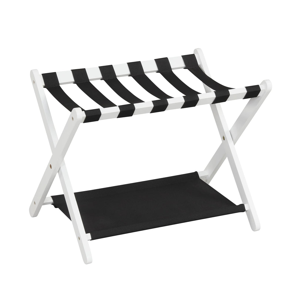 Solid Rubberwood Folding Luggage Rack with Nylon Shelves-White