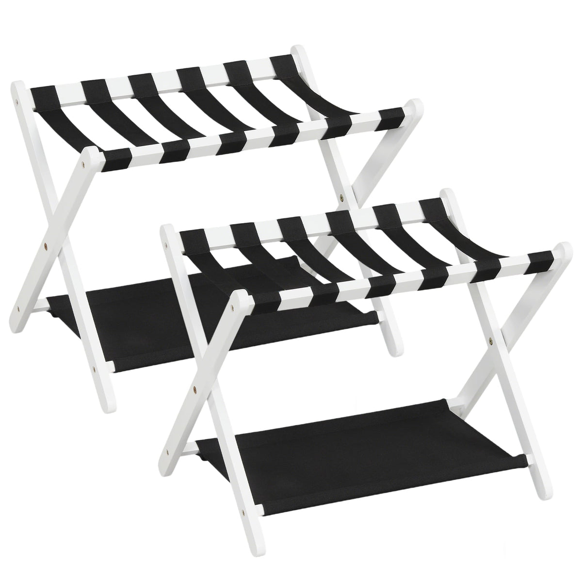 Solid Rubberwood Folding Luggage Rack with Nylon Shelves Set of 2-White