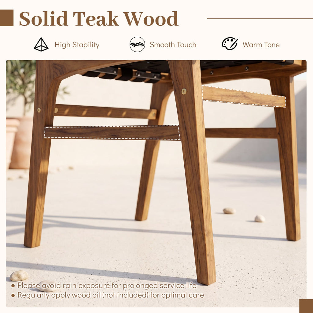 Solid Teak Hand-Woven Strap Outdoor Dining Chair with Flex Support for Deck Garden
