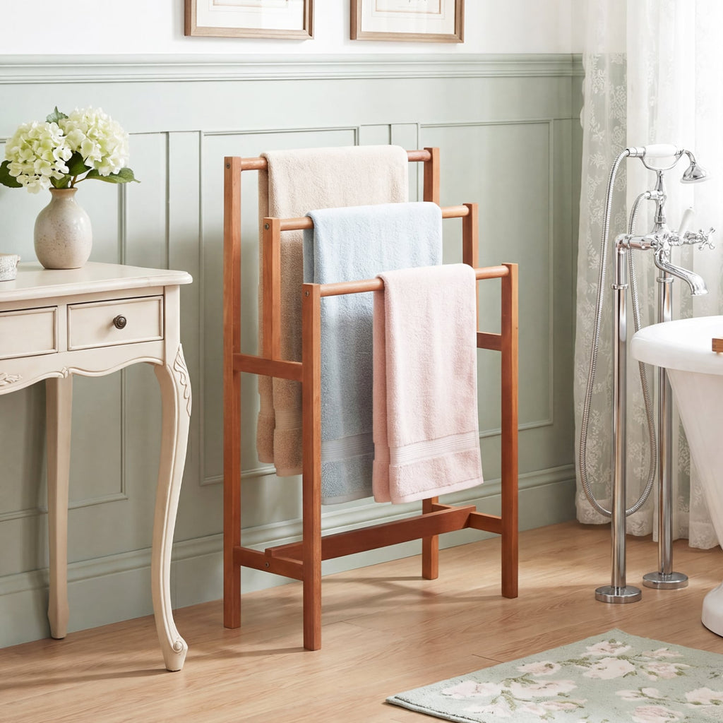 Solid Wood 3-Tier Freestanding Towel Rack with Teak Oil Finish