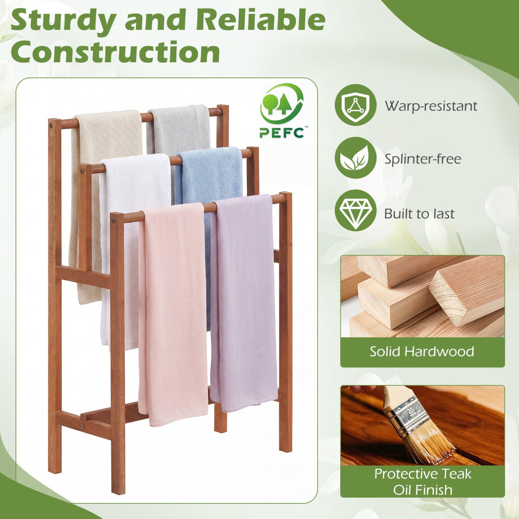 Solid Wood 3-Tier Freestanding Towel Rack with Teak Oil Finish