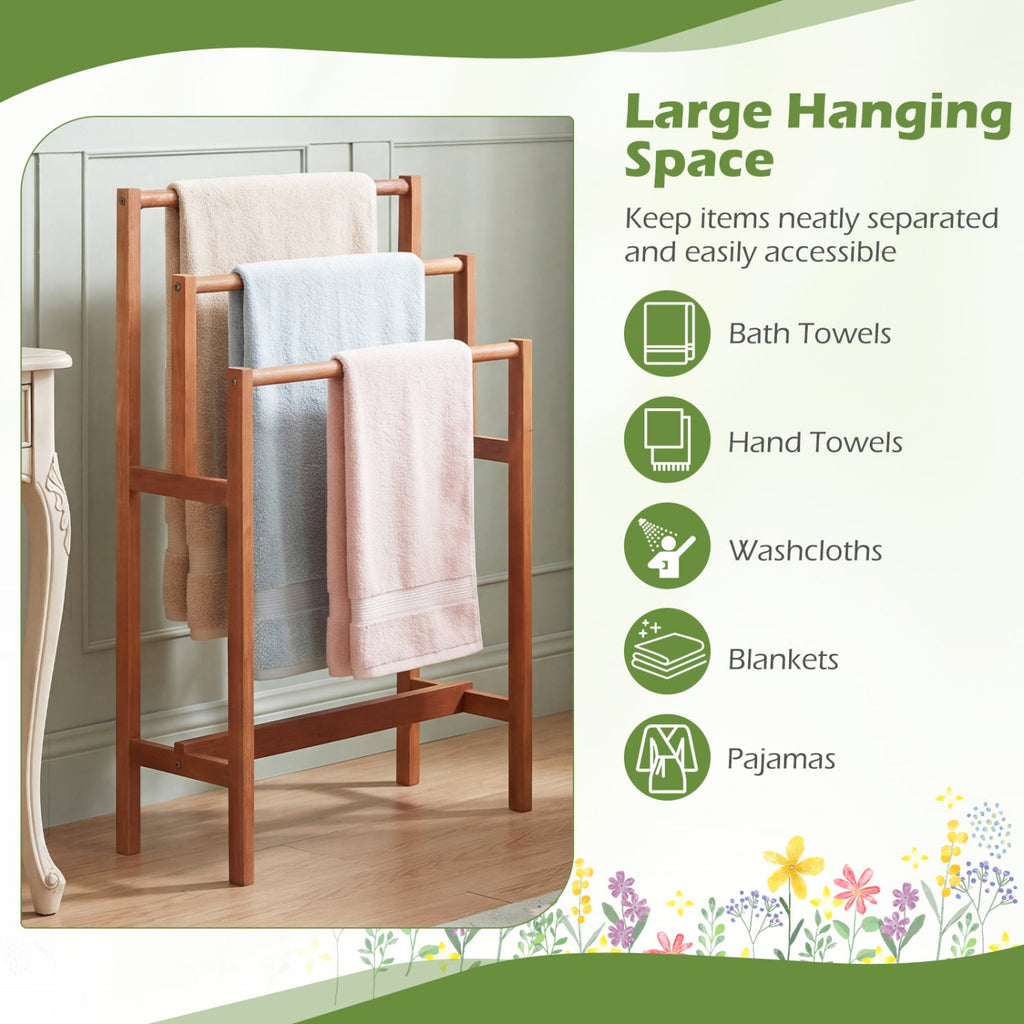 Solid Wood 3-Tier Freestanding Towel Rack with Teak Oil Finish