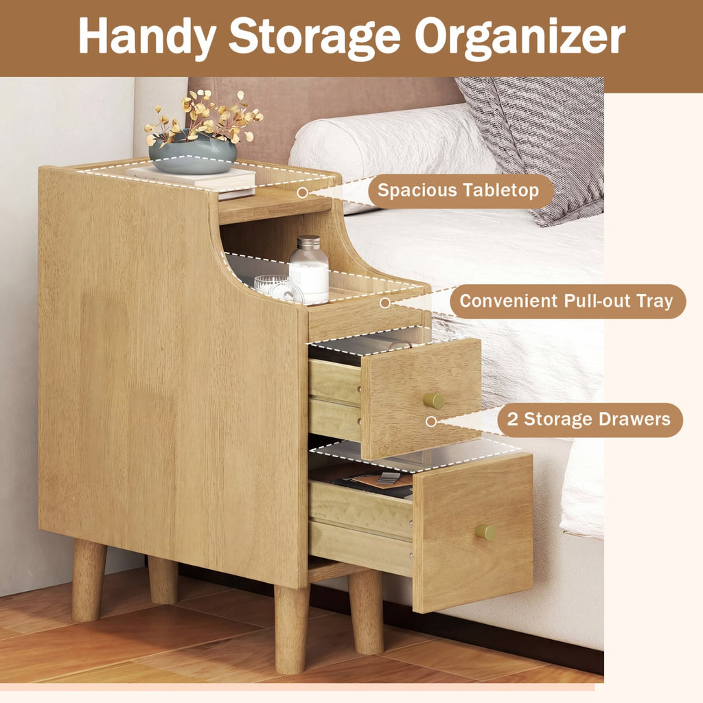 Solid Wood Night Side Table Narrow Bedside Table Nightstand with Pull-out Tray and 2 Storage Drawers-Natural