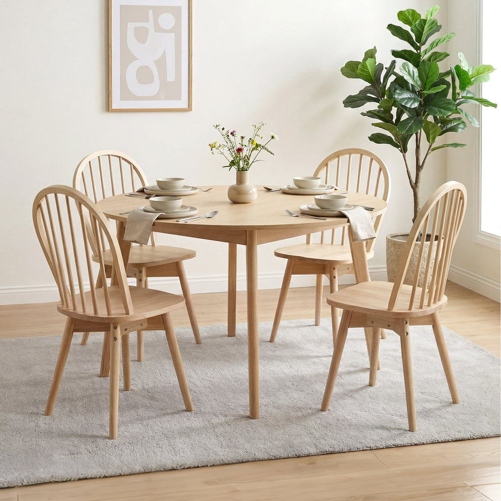 Set of 4 Swivel Windsor Dining Chairs with Spindle Back, Natural Rubber Wood