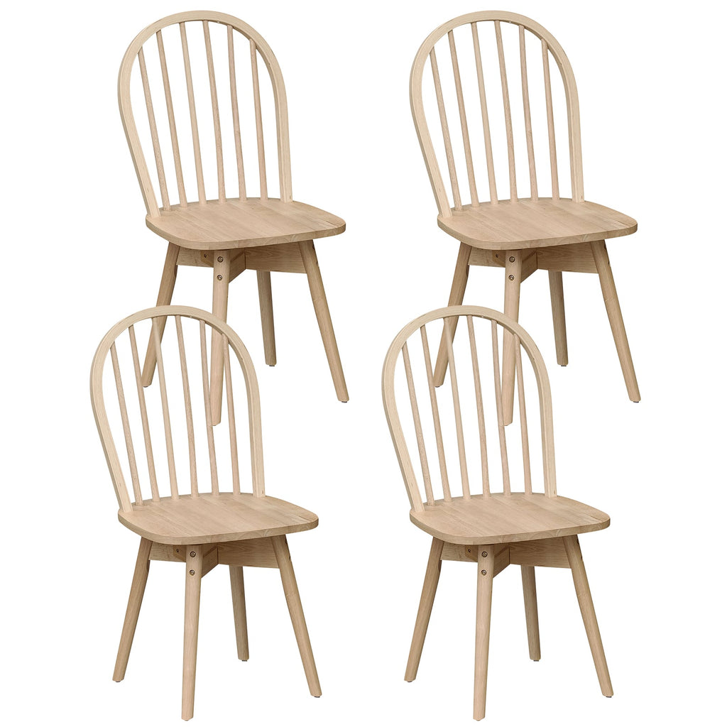 Set of 4 Swivel Windsor Dining Chairs with Spindle Back, Natural Rubber Wood