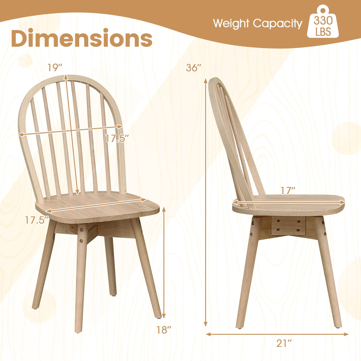 Set of 4 Swivel Windsor Dining Chairs with Spindle Back, Natural Rubber Wood