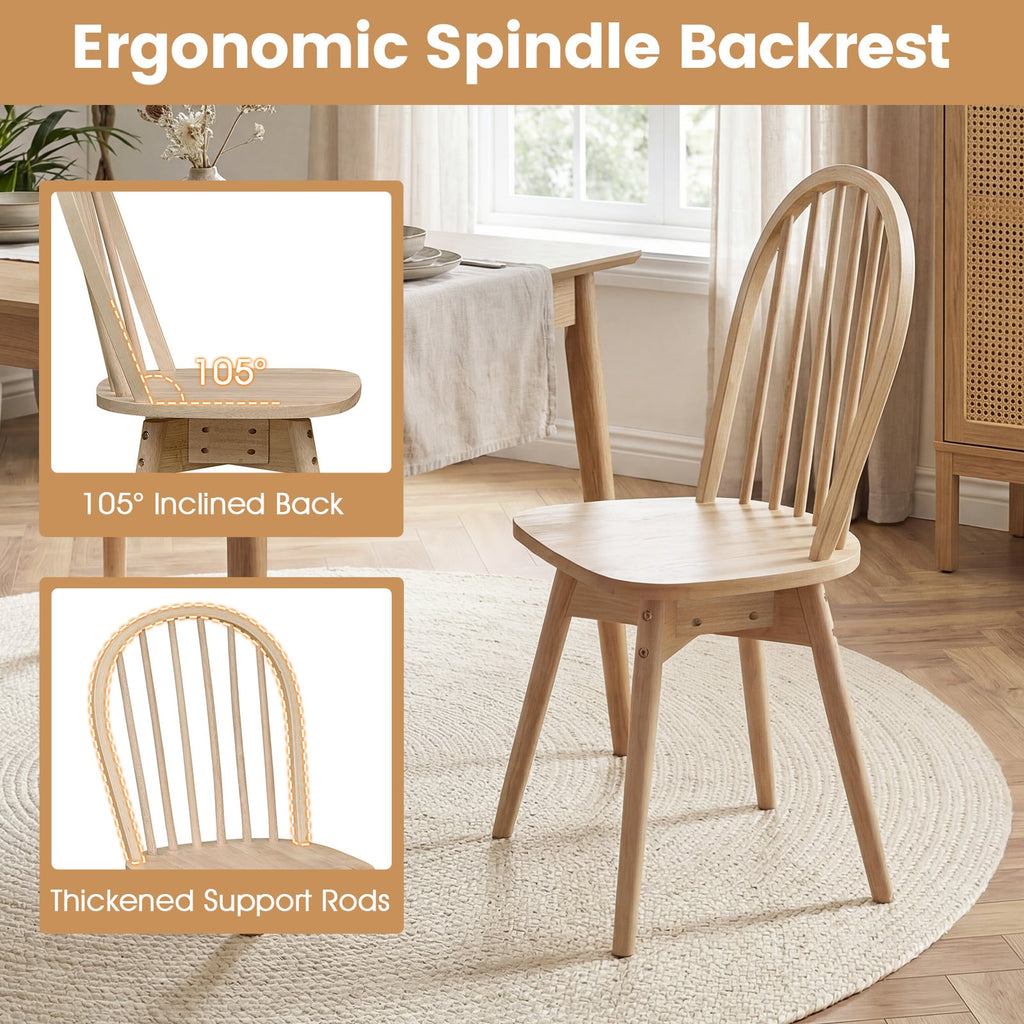 Set of 4 Swivel Windsor Dining Chairs with Spindle Back, Natural Rubber Wood