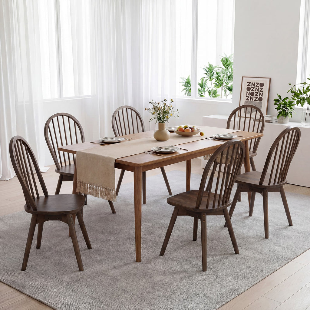 Set of 4 Swivel Windsor Dining Chairs with Spindle Back, Walnut Rubber Wood